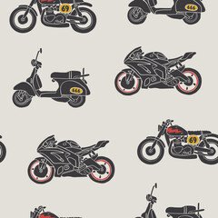 Obraz premium Classic Motorcycle, sport bike, scooter. Two-wheeled vehicles. Personal transport. Hand drawn trendy Vector illustration. Vintage style. Square seamless Pattern. Background, wallpaper