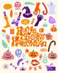 Vector set of Halloween party invitations or greeting cards with handwritten calligraphy and traditional symbols. Vector illustration