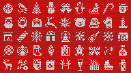 Christmas and New Year knitted elements set on a red background.