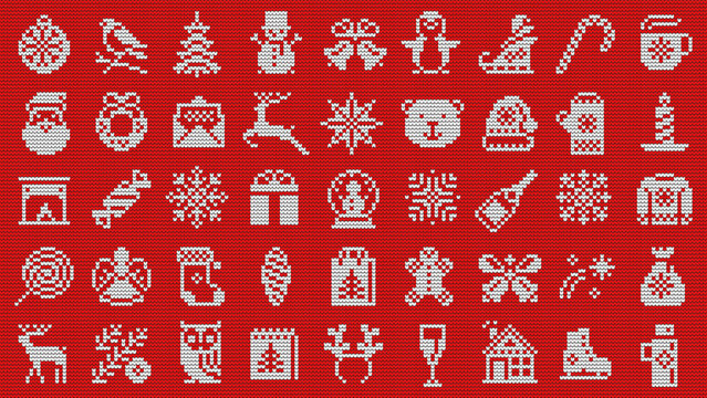 Christmas and New Year knitted elements set on a red background.