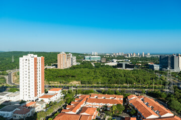 Fototapeta na wymiar Barranquilla, Atlantico, Colombia. July 30, 2022: Panoramic and urban landscape of the city with blue sky.