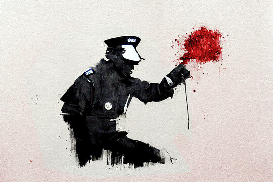 Ink stencil artwork featuring a policeman. Graffiti urban street concept of police brutality and violence. Symbolic human rights violations and human rights abuses in a graphic digital art. 