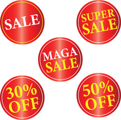 Sale sticker template with sale offers, discount offer, end of season offer. Mega discount and super sale on red tag.