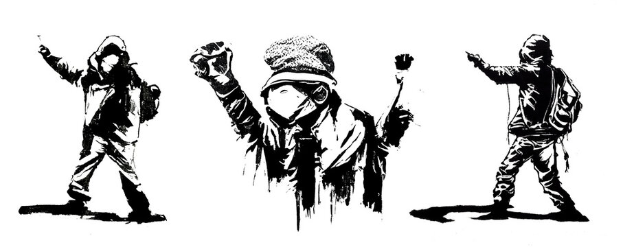 Black On White Ink Stencil Resistance Artwork. Protestors With Arms Raised In A Graffiti Style Urban Sticker Art. Trendy Street Graphic Of Political Protest With Young People On Isolated White.