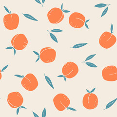 Cute seamless vector pattern with peaches and leaves on beige background. Hand-drawn repeat background with peach. For the design of textiles, fabric, wallpaper, wrapping paper.