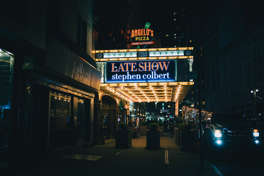 The Late Show with Stephen Colbert vintage signs at night, Manhattan, New York