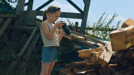 Young photographer shooting wooden pattern. Girl taking macro pictures of amazing nature, upgrading photography skills, spending leisure time outdoor