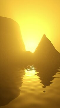 Vertical Golden Hazy 3D Rendered Silhouetted Rocky Island Landscape with Looping Calm Water