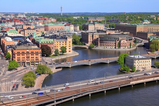 Stockholm, Sweden. Aerial view of the city with Riksdag (parliament) building at Helgeandsholmen island.