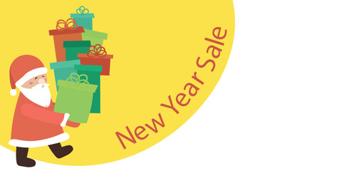 Santa Claus on a yellow and white background with lots of gifts. New Year sale