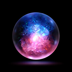 Blue and Purple glass globe with crystals. Abstract crystal ball, Magic and psychic power. Mysterious magical orb.  Isolated on black background. Render