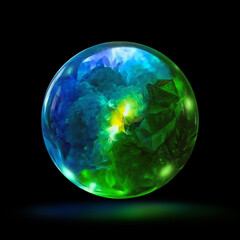 Green and blue glass globe with crystals. Abstract crystal ball, Magic and psychic power. Mysterious magical orb.  Isolated on black background. Render