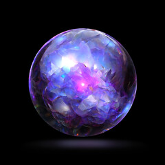 Purple glass globe with crystals. Abstract crystal ball, Magic and psychic power. Mysterious magical orb.  Isolated on black background. Render