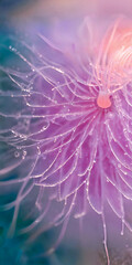A close up of a flower with water droplets on it,  pink wispy tendrils. Macro photography, floral, morning dew.