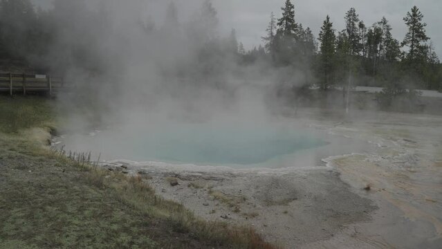 Fountain Paint Pot Trail Hot Springs and Geyser in Supervolcano Yellowstone National Park Wyoming Hot Spring Cloudy Day