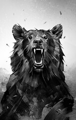 painted portrait of an animal bear furious in monochrome - 537822095
