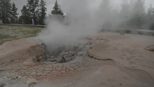 Fountain Paint Pot Trail Hot Springs and Geyser in Supervolcano Yellowstone National Park Wyoming Hot Spring Cloudy Day