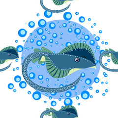 Batomorphi sea life, fish, animals bright seamless pattern. sea travel, snorkeling with animals, tropical fish