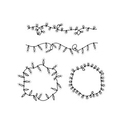 Black outline set of hand drawn Xmas garland, ligths and decorations. Winter holidays design elements. Doodle vector illustration isolated on white background.