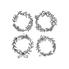 Fototapeta premium Black outline collection of hand drawn Xmas wreath, gift bow, holly flower, lettering quote and decorations. Winter holidays design elements. Doodle vector illustration on white background. Line art.