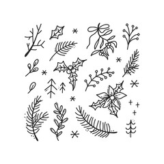Naklejka premium Christmas black outline doodle set. Hand drawn new year collection, tree branches, snowflakes, holly. Winter decorative elements in line art style. Vector illustration isolated on white background.