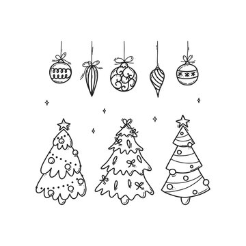 Black outline set of Christmas trees, decorations, bolls, snowflakes, stars. Winter design doodle vector illustration in flat cartoon style. Line art.