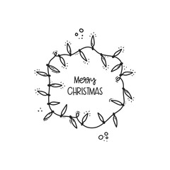 Black outline hand drawn composition of Christmas greeting card with Xmas garland, ligths, lettering quote and decorations. Doodle winter illustration. Line art.