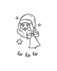 Cute cartoon composition of Christmas greeting card with Santa Clous, Xmas bell and decorations. Black outline doodle winter illustration. Happy New Year. Line art.