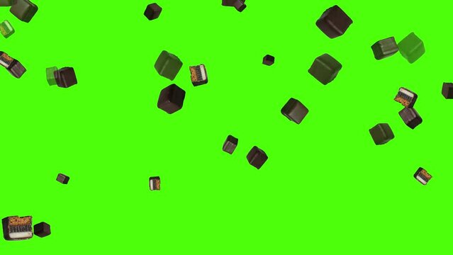 Isolated chocolates fall down in front of green screen. Chocolate dominoes for Christmas background. 59,94 fps