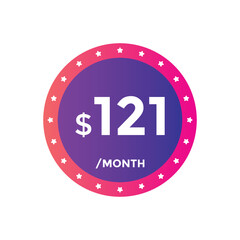 $121 USD Dollar Month sale promotion Banner. Special offer, 121 dollar month price tag, shop now button. Business or shopping promotion marketing concept
