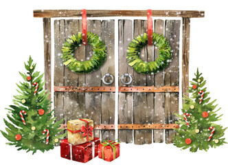 Watercolor Christmas Farmhouse background, wooden barn doors, greeting card template © AsyaShu