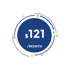 $121 USD Dollar Month sale promotion Banner. Special offer, 121 dollar month price tag, shop now button. Business or shopping promotion marketing concept
