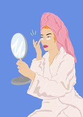 Naklejka premium Woman in robe applying an eye mask in a mirror