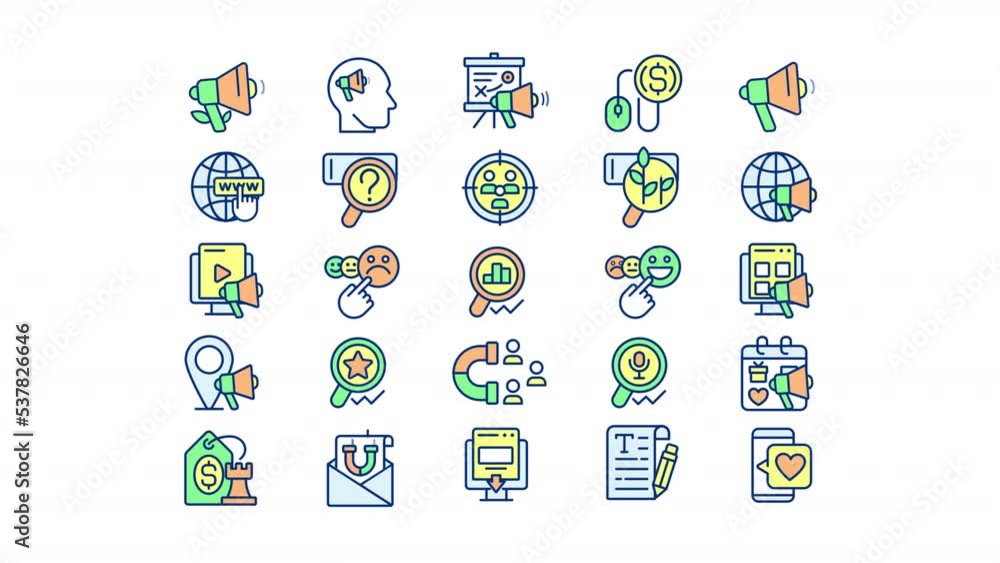 Poster animated promo rgb color icons set. marketing. promotion. social media feedback. seamless loop hd vi