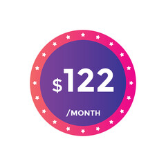 $122 USD Dollar Month sale promotion Banner. Special offer, 122 dollar month price tag, shop now button. Business or shopping promotion marketing concept
