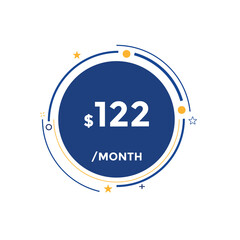 $122 USD Dollar Month sale promotion Banner. Special offer, 122 dollar month price tag, shop now button. Business or shopping promotion marketing concept
