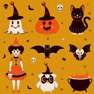 Set of icons - halloween characters. A collection of images representing the feast of veneration of the dead and their spirits, the intensification of evil spirits on the eve of All Saints Day..