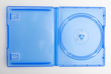 open clear blue dvd case on a white background
