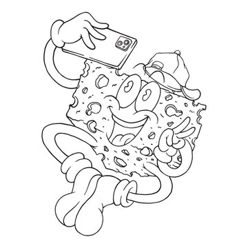 Coloring illustration of cartoon cheese mascot doing selfie