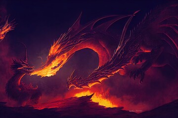 Fototapeta premium Fire breathes explode from a giant dragon on a heroic medieval knight on a horse in a black night, the epic battle between good and evil concept art 3D rendering