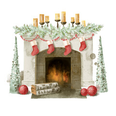 Watercolor colorful Christmas fireplace. Digitally painted illustration. . High quality illustration