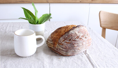 Spring delicacy. Freshly baked bread, a mug of milk, and young leaves of wild garlic on the kitchen table. Healthy snack. Fresh, crunchy, salty, and tasty.