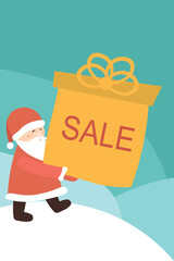 Santa Claus with a big gift. in the snow. Blue background. New Year's Sale.