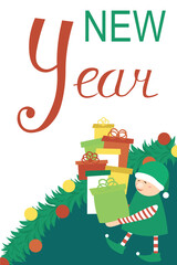 A Christmas elf in a green coat with gifts. New Year's Sale. Christmas tree with balloons. Vertical banner, leaflet. Advertising design.