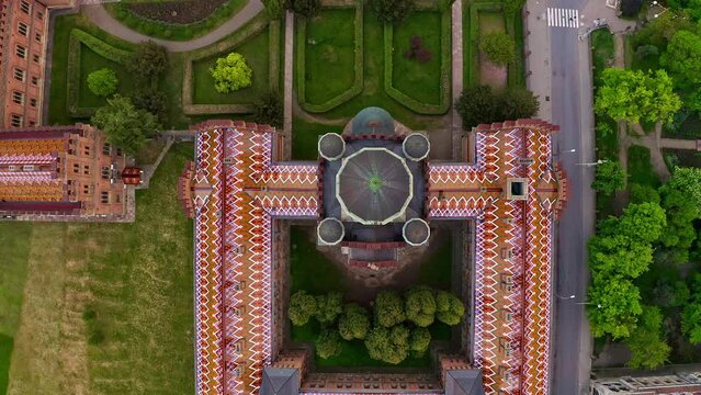 Aerial view of Chernivtsi National University / Residence of Bukovynian Metropolitans (so-called Ukrainian Hogwarts) in Chernivtsi, Ukraine