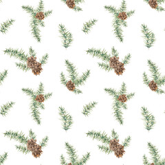 Christmas seamless pattern. Hand-drawn watercolor illustration on white background