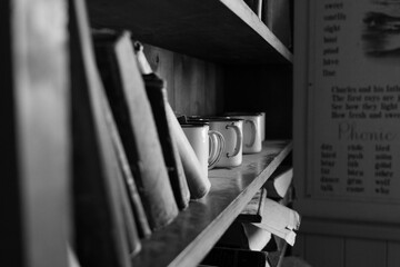 Grayscale shot of books on an old bookshelf