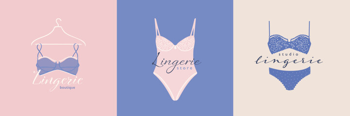 Female logos for lingerie or clothes. Lady lace bra, bikini, bodysuit. Vector flat simple design template logos or emblems.  - obrazy, fototapety, plakaty