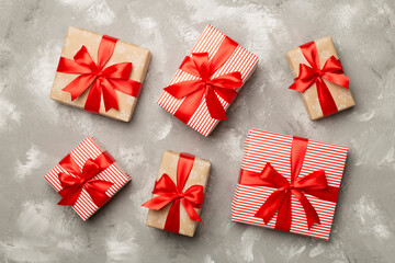 Gift boxes on concrete background, top view