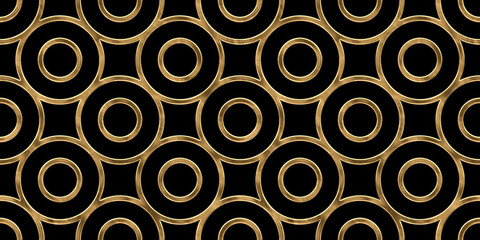 Seamless golden geometric circles line pattern. Vintage abstract gold plated relief on dark black background. Modern elegant metallic luxury backdrop. Maximalist gilded age wallpaper 3D rendering.